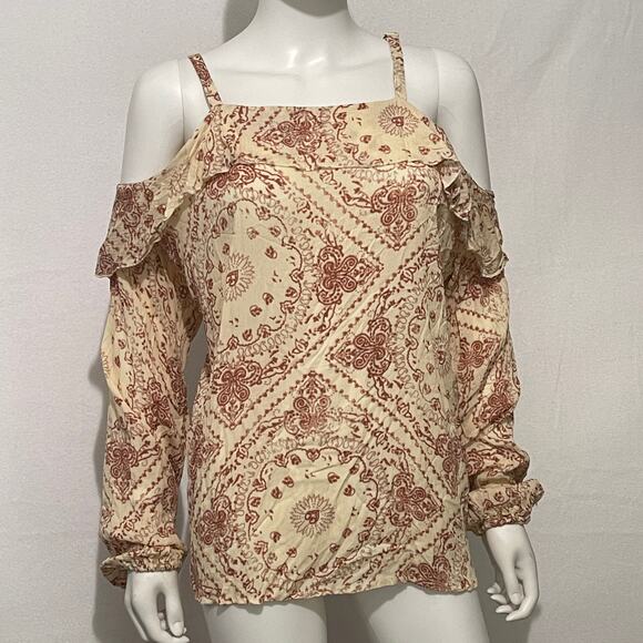 American Rag Cold Shoulder Blouse Womens 2X Cream & Pink Paisley Ruffles NWT - Picture 2 of 8